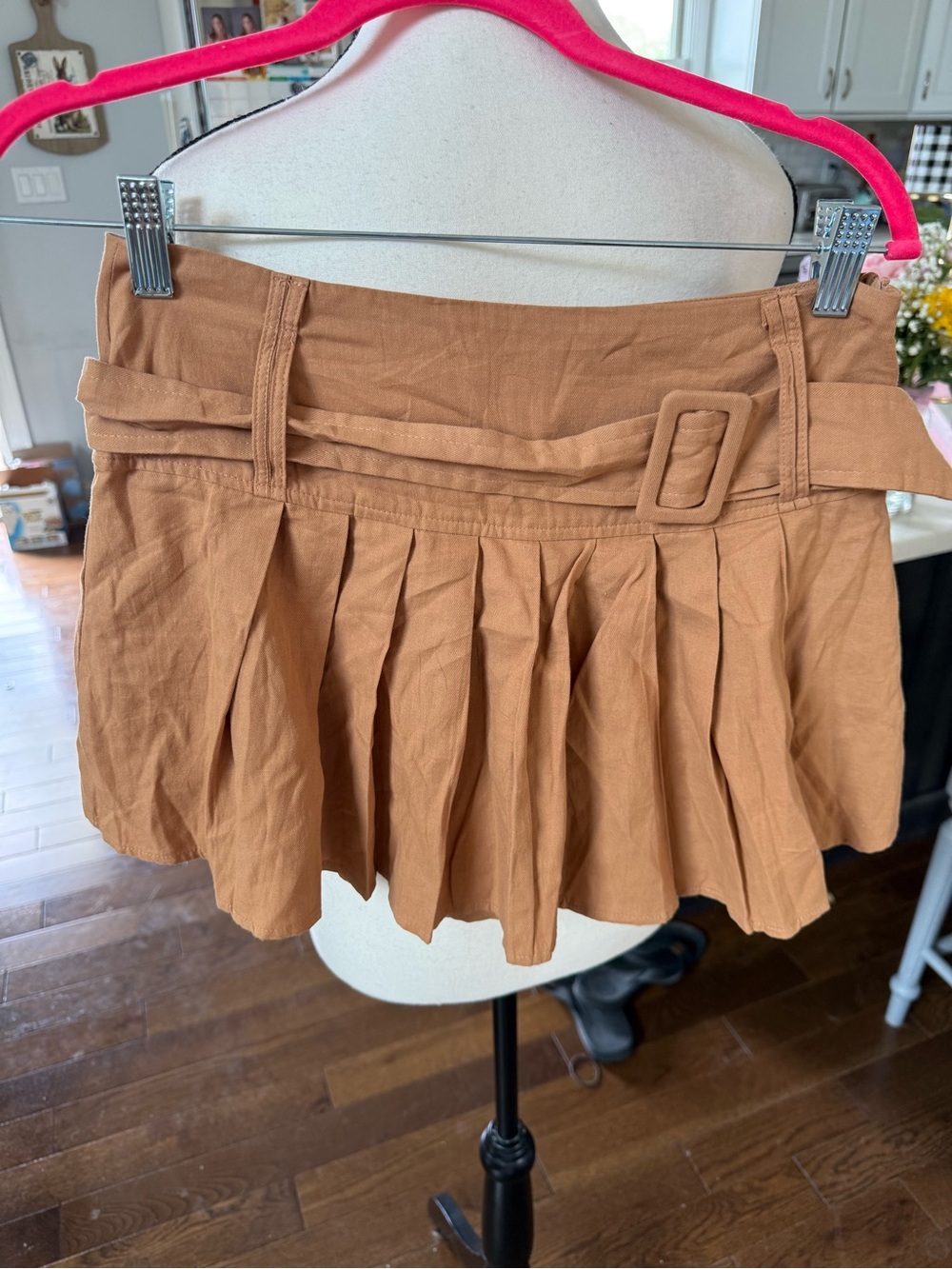 HYFVE Pleated Mini Skirt with Buckle Detail in Tan
